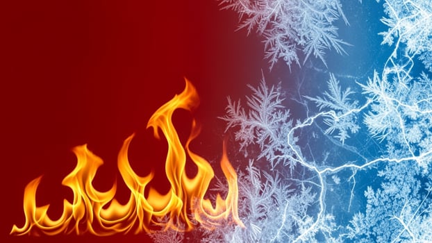 Fire and ice on a red and blue background photo