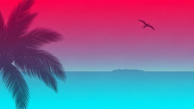 Tropical palm tree and bird on a beach with a pink and blue sky photo