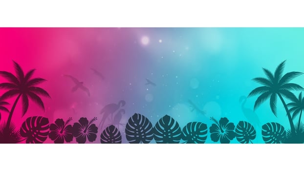 Tropical palm trees and birds in a colorful background photo