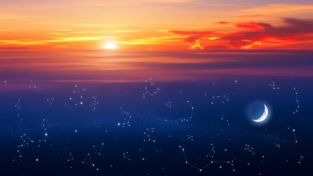 The crescent and the stars are seen in the sky at sunset photo