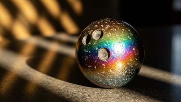 A colorful ball sitting on a table with sunlight photo