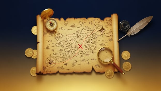 An old map with a compass, compass, and a feather photo
