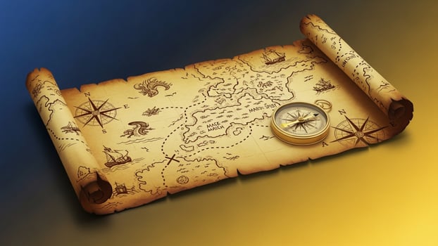 An old map with a compass on top of it photo