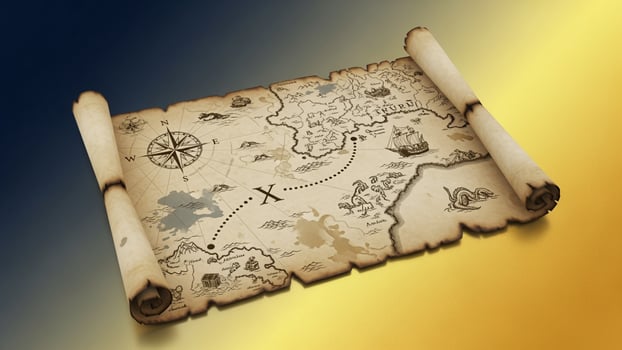 An old map with a scroll on top photo