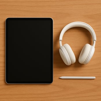 Flat lay of a digital tablet, over-ear headphones, and stylus on a wooden surface. Minimalist tech setup for work, design, or remote learning concepts. photo