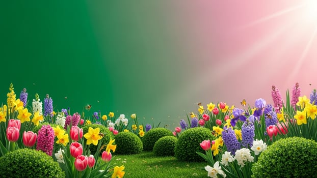 Spring flowers background with sun shining in the background photo