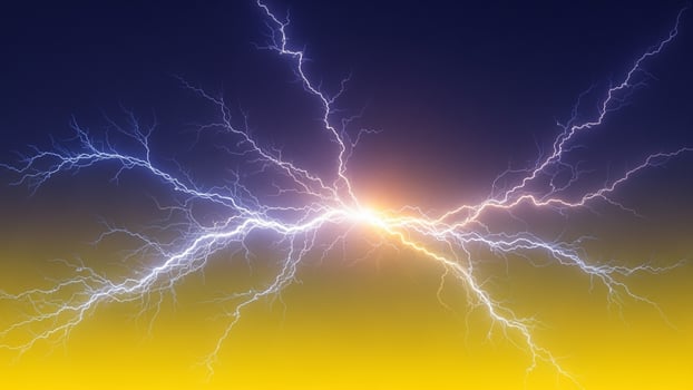 Lightning bolt over a yellow and blue sky photo