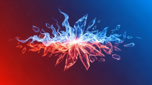 A red and blue star with flames coming out of it photo