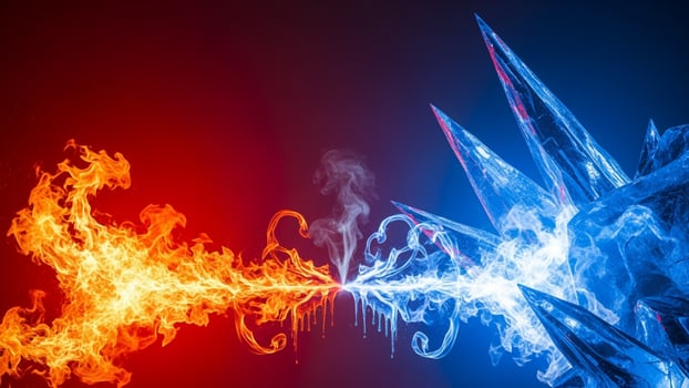 Two ice and fire are shown in the middle of a dark background photo