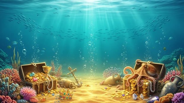 Underwater treasure chest with octopus and coral reef photo