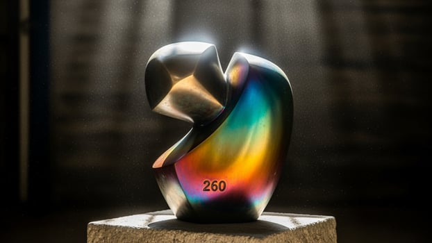 A colorful sculpture is on a pedestal in front of a light photo
