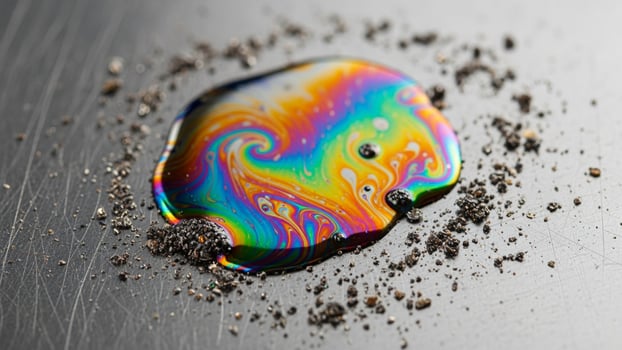 A rainbow colored liquid is sitting on top of dirt photo