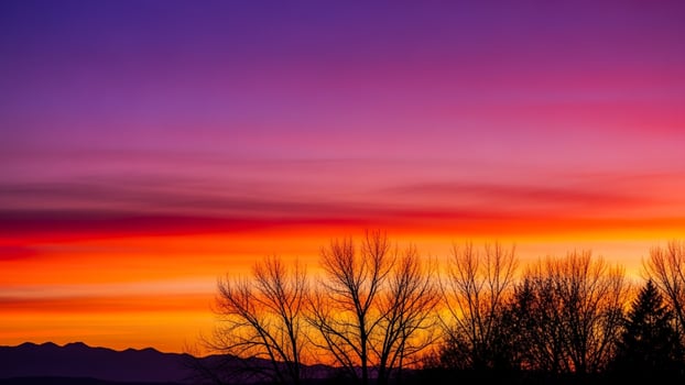 A colorful sunset over the mountains with bare trees photo