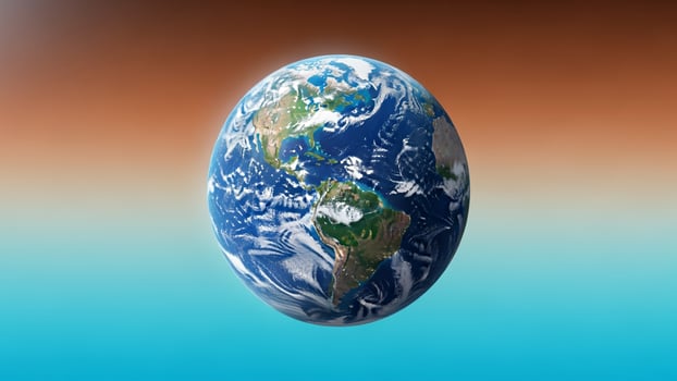 The earth is shown in a blue and orange background photo