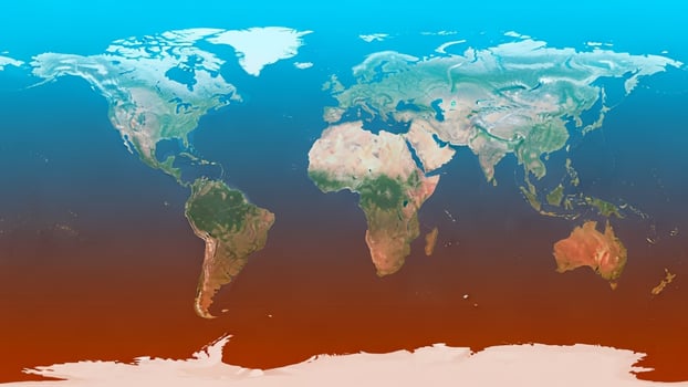 The world map is shown in red and blue photo