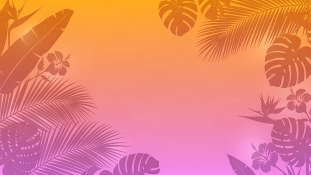 Tropical background with palm leaves and flowers photo