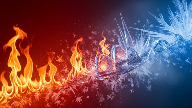Frozen ice and fire on a black background photo