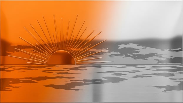 An orange and white background with a sun rising over the ocean photo