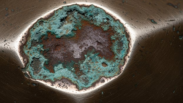 A close up of a metal object with a green and blue color photo