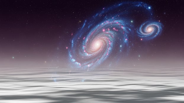 Two spiral galaxies in the sky with clouds photo