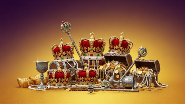 A group of crowns and other jewelry on a gold background photo
