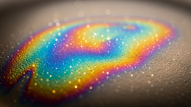 A rainbow colored substance is reflected in a glass photo