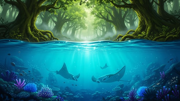 Underwater scene with rays of light and trees photo