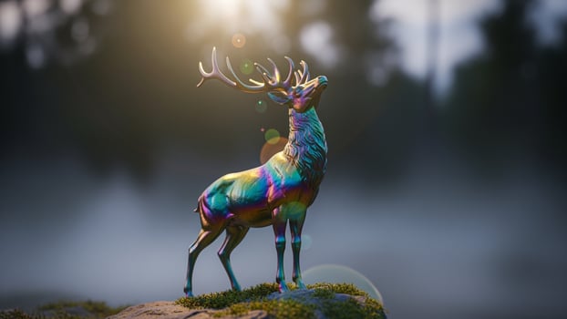 A colorful deer stands on a rock in the woods photo