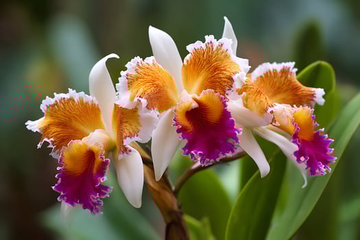 Vibrant Cluster of Ruffled Cattleya Orchids with Fiery Orange and Magenta Lips photo