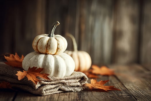Elegant Autumn Still Life with Stacked White Pumpkins on a Rustic Wooden Surface photo