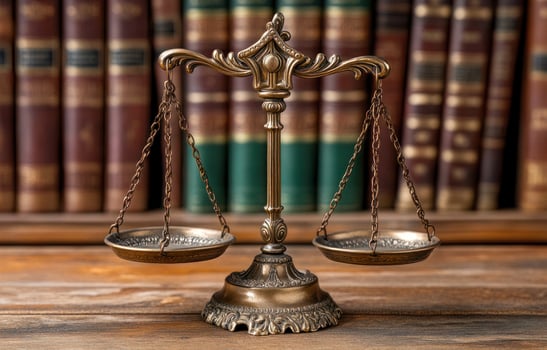 Law scales of justice symbol on books shelf legal balance concept photo