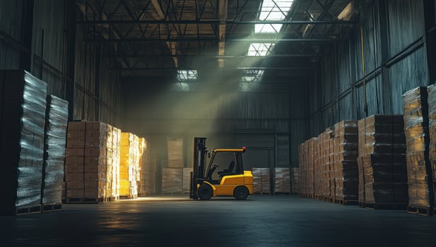 Forklift at work in modern warehouse storage facility photo