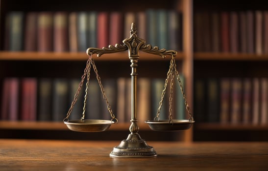 Antique balance scale of justice law and knowledge on wooden table with bookshelf background photo
