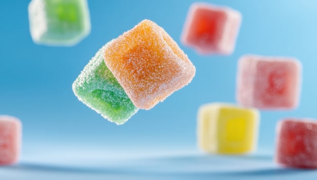Colorful sugar cubes suspended in bright blue backdrop sweet treat confectionery photo