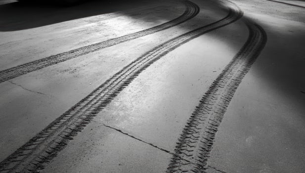 Vehicle tire tracks on concrete floor surface monochrome pattern photo