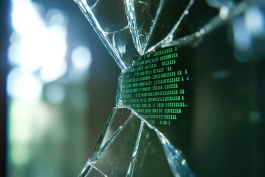 Broken glass with digital code overlay concept for cybersecurity vulnerability photo