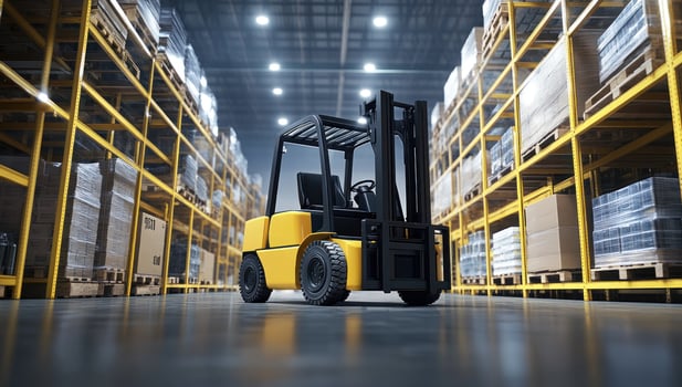 Forklift in warehouse storage facility with shelves and pallets industrial logistics photo