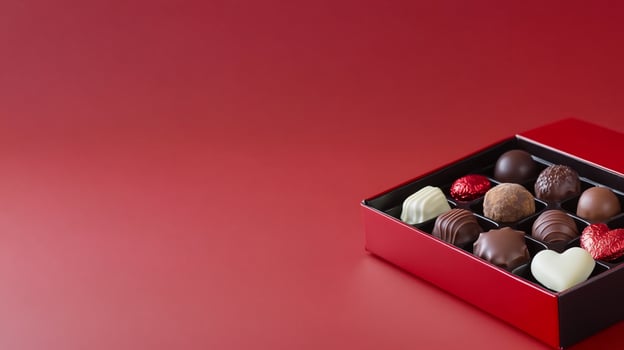 Elegant chocolate assortment on red background ready for a gift occasion celebration photo