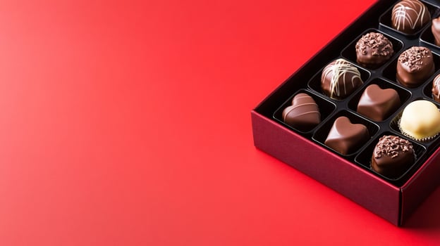Assorted chocolates in gift box on red background sweet indulgence photo