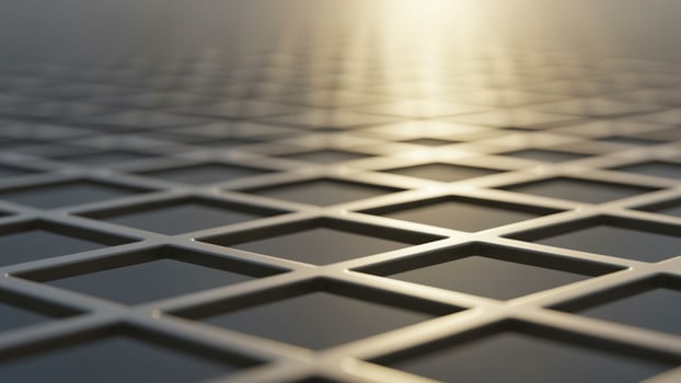 A 3d image of a metal grid with a light shining through photo