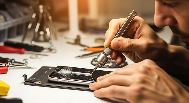 A man is repairing a cell phone with tools photo