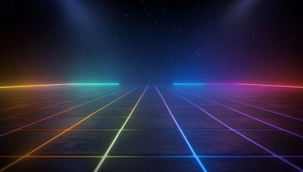 Abstract geometric grid pattern with neon lines and dark starry sky photo