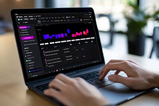 Person using laptop for data analysis digital workflow and technology photo