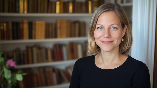 Portrait of a blonde woman with bookshelf background professional academic photo