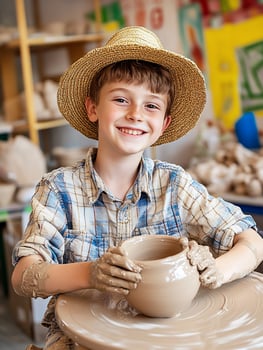 Child sculpting clay on pottery wheel handmade craft photo