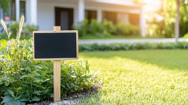 Blank chalkboard sign in green garden setting for message or promotion photo