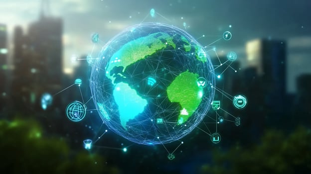 Global network connection with globe earth and cityscape photo