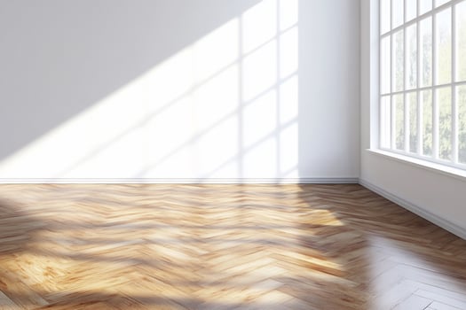 Sunlit empty room with wooden floor and white walls interior design photo