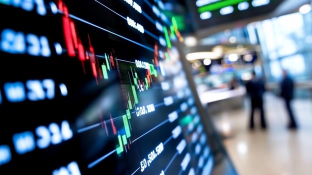Stock market candlestick chart on screen for financial analysis and investment photo
