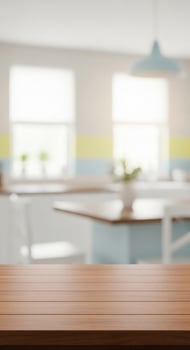 Table top in kitchen with wooden table and chairs photo